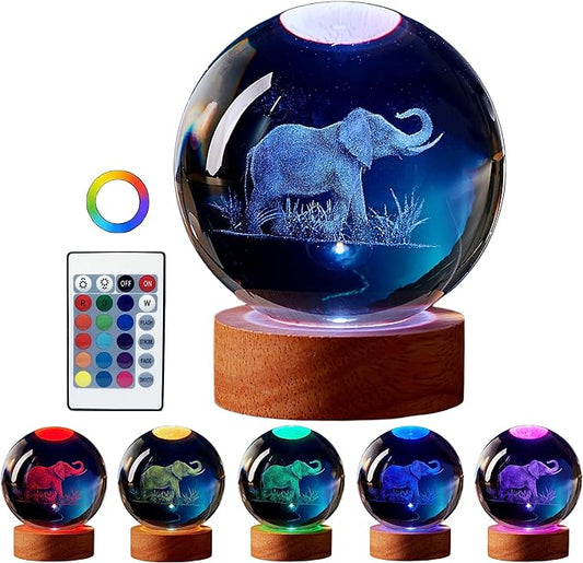 Elephant Crystal Ball Lamp, 3.15 inch, Night Light with Wooden LED Base, Glass Ball with USB, Remote Control, 16 Color Change, Gift Box