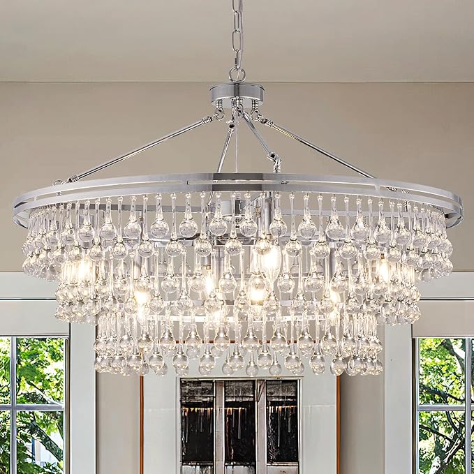 Wellmet Large Chrome Farmhouse Chandelier, 32" Round Modern Crystal Teardrop Chandelier for Dining Room, Living Room, Bedroom, Kitchen, Entryway, Hallway, Closet