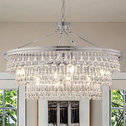 Wellmet Large Chrome Farmhouse Chandelier, 32" Round Modern Crystal Teardrop Chandelier for Dining Room, Living Room, Bedroom, Kitchen, Entryway, Hallway, Closet