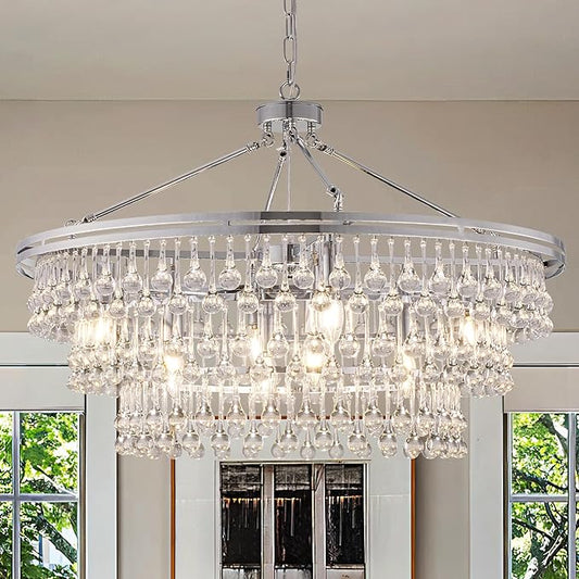 Wellmet Large Chrome Farmhouse Chandelier, 32" Round Modern Crystal Teardrop Chandelier for Dining Room, Living Room, Bedroom, Kitchen, Entryway, Hallway, Closet