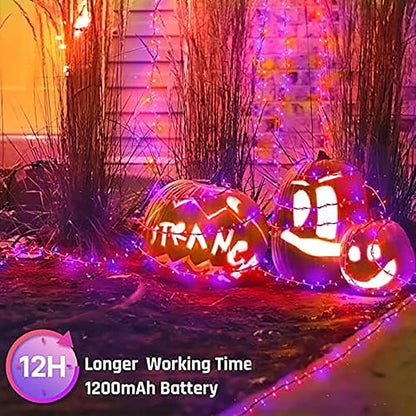 New Upgraded Orange and Purple Solar Halloween Lights, 19 Modes 2 Pack Total 144FT 400 LED Solar String Lights Outdoor Waterproof Solar & USB Rechargeable for Halloween Decorations, Orange & Purple