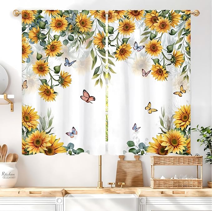 Yellow Sunflower Country Kitchen Curtain 27.5W X 39L Inch 2 Panel Rod Pocket Rustic Floral Flower Butterfly Farmhouse Over Sink Set Small Short Cafe Tier Window Drapes Bathroom Home Decor
