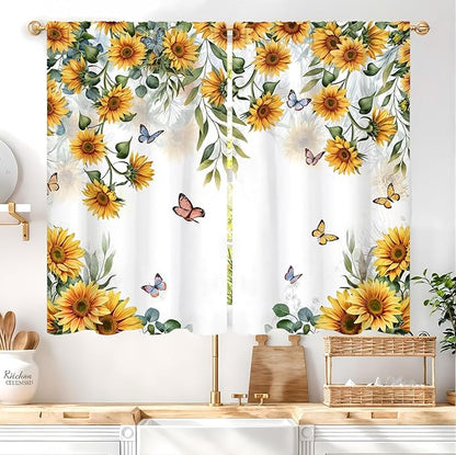 Yellow Sunflower Country Kitchen Curtain 27.5W X 39L Inch 2 Panel Rod Pocket Rustic Floral Flower Butterfly Farmhouse Over Sink Set Small Short Cafe Tier Window Drapes Bathroom Home Decor