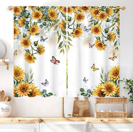 Yellow Sunflower Country Kitchen Curtain 27.5W X 39L Inch 2 Panel Rod Pocket Rustic Floral Flower Butterfly Farmhouse Over Sink Set Small Short Cafe Tier Window Drapes Bathroom Home Decor
