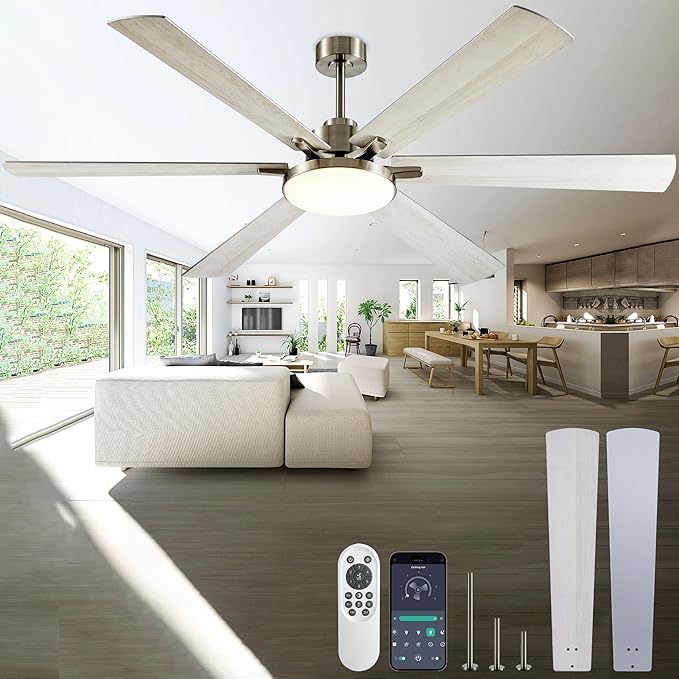 DIAMONDFORGE 72 Inch Ceiling Fans with Lights and Remote Control,Indoor/Outdoor Flush Mount Low Profile Commercial Reversible Dimmable Ceiling Fans for Living Room Patio Industrial Shop,White Silver