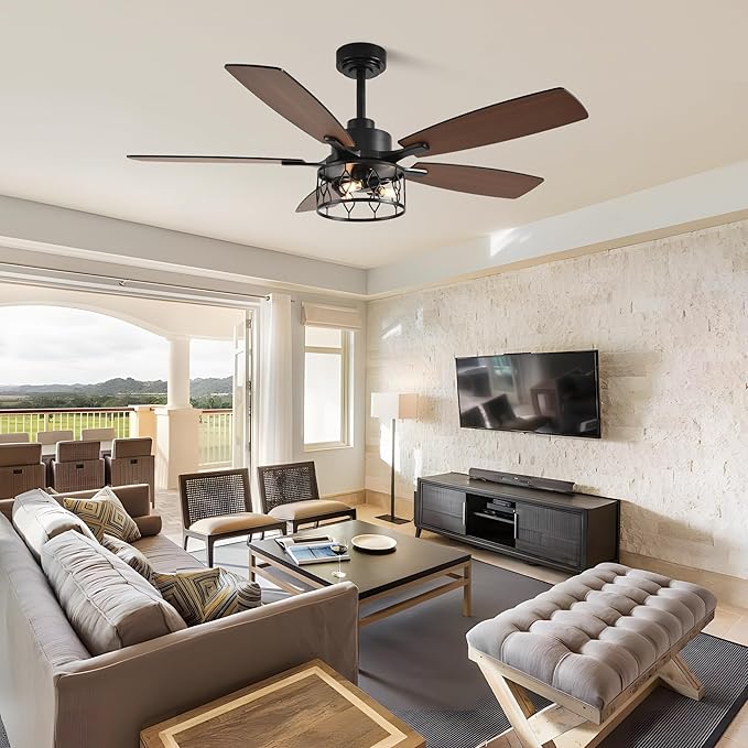 52'' Caged Ceiling Fans with Lights and Remote Control,Reversible DC Motor,5 Double Colour Blades,Rustic Farmhouse Ceiling Fan for Living Room,Dining Room,Bedroom