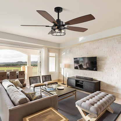 52'' Caged Ceiling Fans with Lights and Remote Control,Reversible DC Motor,5 Double Colour Blades,Rustic Farmhouse Ceiling Fan for Living Room,Dining Room,Bedroom