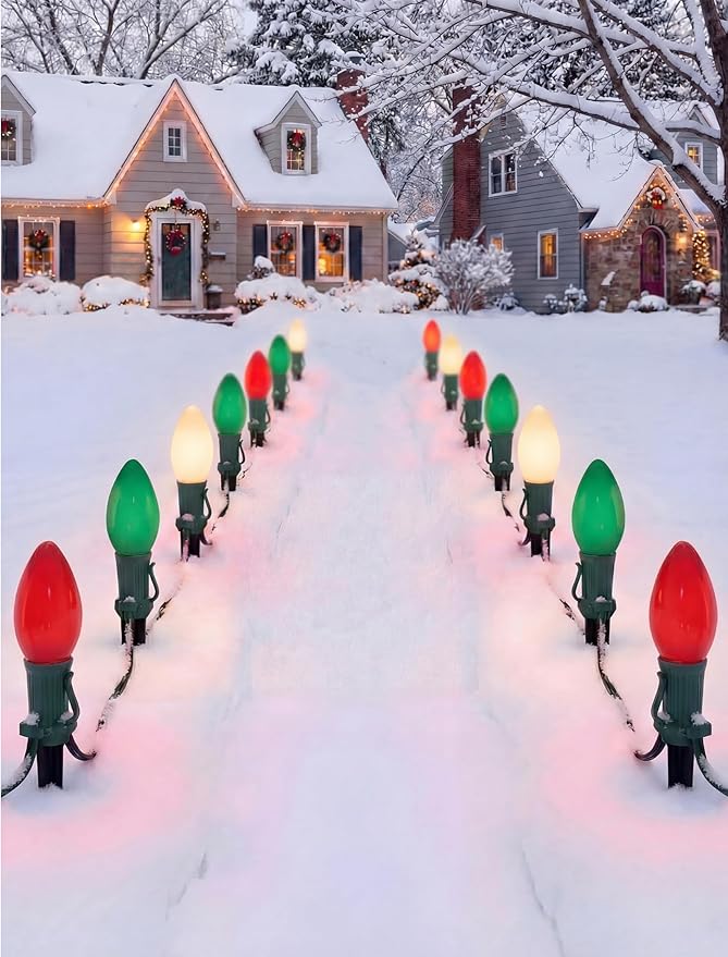 C9 Red Green White Christmas Lights, 25FT Multicolor Christmas Decorations String Lights with 26 Ceramics Bulbs, Connectable Vintage Xmas Tree Decor for Indoor Home Outdoor Patio Holiday Party Garden