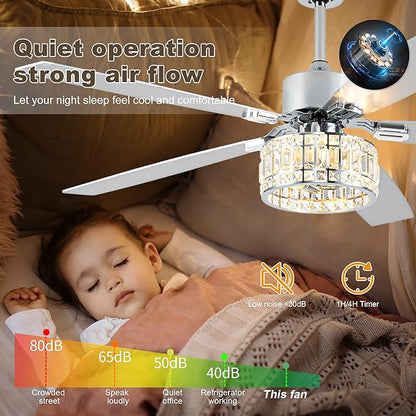 Chandelier Ceiling Fans with Lights and Remote,Caged Ceiling Fan with Light,App 5 Blades E26 Fandelier Ceiling Fans with Lights,Crystal Ceiling Fan for Bedroom,Living Room. (Nickel, 60 Inch)