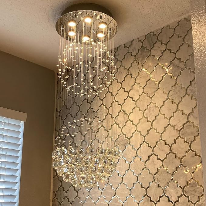 Crystal Modern Chandelier Contemporary 2 Balls Raindrop Crystal Chandelier Flush Mount Cylinder Chandelier Light Fixture Ceiling Lamp for Dining Room Living Room Kitchen Foyer Hallyway Bar