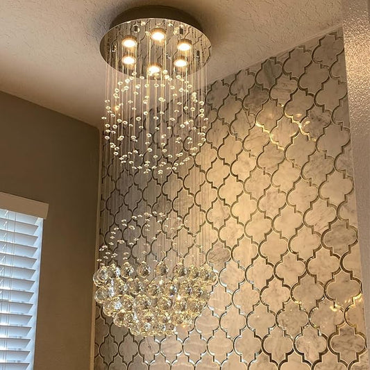 Crystal Modern Chandelier Contemporary 2 Balls Raindrop Crystal Chandelier Flush Mount Cylinder Chandelier Light Fixture Ceiling Lamp for Dining Room Living Room Kitchen Foyer Hallyway Bar