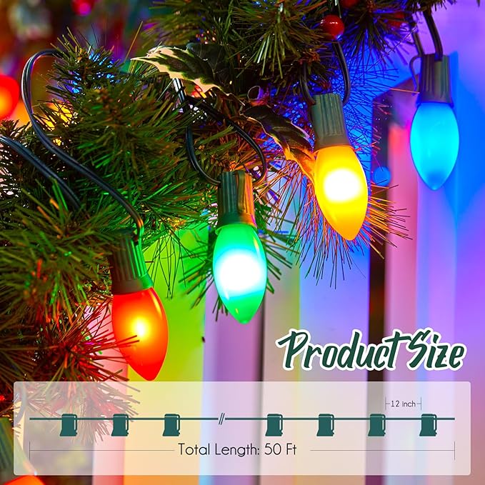 C9 Light Strand 50 FT for E17-12 Spacing, Outdoor String Light Christmas Stringer with 50 Sockets for Patio, Green Wire