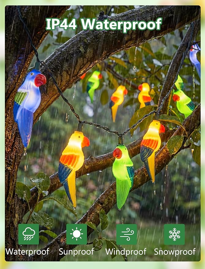 Outdoor Tropical Parrot String Lights Plug in, 8.5Ft Outdoor Hawaiian Decorative Patio String Lights with 10 Colorful Parrot Lights, Hanging Novelty Bird Lights for Deck Backyard Trees Stair Party