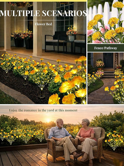 GIGALUMI Solar Lights Outdoor for Garden Decor, 4 Pack Solar Flower Lights Waterproof, 2 Lighting Modes 28 Carnations for Pathway,Yard, Patio Decoration, Gardening Gifts for Women (Yellow)
