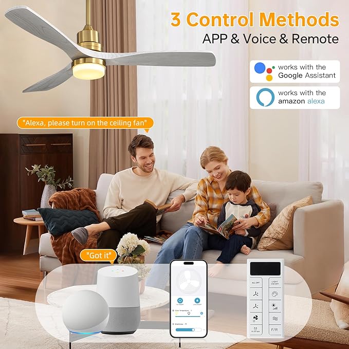 Sofucor Smart Ceiling Fan, 52" Low Profile Ceiling Fans with Lights and Remote, Compatible with Alexa/Google/App, 3-Color Light 6-Speed DC Motor Reversible Timer for Bedroom Living Room Patio Outdoor