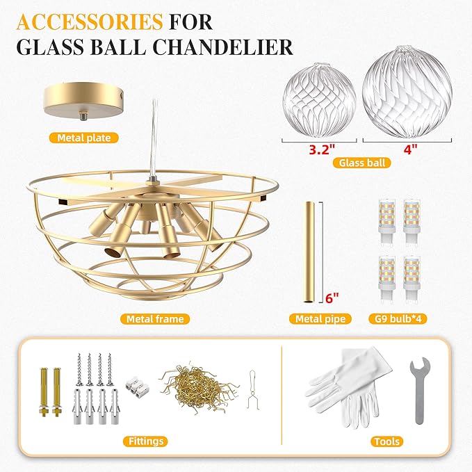 Bubble Ball Semi Flush Mount Ceiling Light Fixture, 20" Bubble Chandelier, Modern Hand Blown Glass Chandelier for Bedroom, Living Room, Dining Room (20" Gold Ceiling Light)