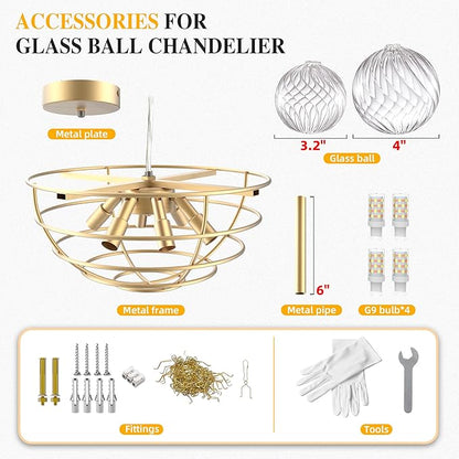Bubble Ball Semi Flush Mount Ceiling Light Fixture, 20" Bubble Chandelier, Modern Hand Blown Glass Chandelier for Bedroom, Living Room, Dining Room (20" Gold Ceiling Light)
