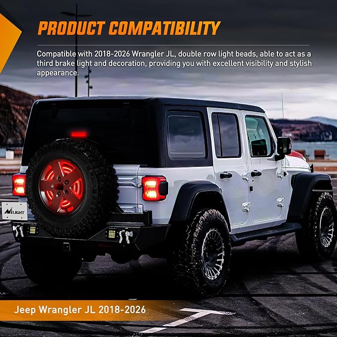Nilight Spare Tire Brake Light Red Double Row LED Ring 3rd Third Stop Rear Wheel Lights Plug and Play Fit for 2018 2019 2020 2021 2022 2023 2024 2025 2026 Jeep Wrangler JL