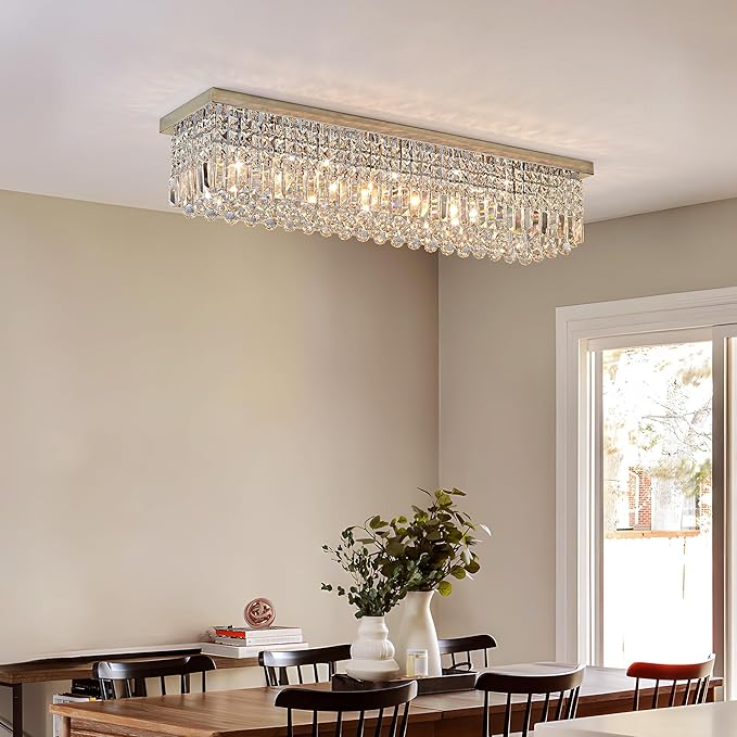 Crystal Chandelier for Dining Room 39.3" Modern Gold K9 Crystal Rectangle Chandeliers Flush Mount Pendant Light Fixture Kitchen Island Bar Dining Room Bedroom Bathroom Hotel