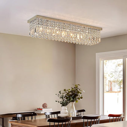 Crystal Chandelier for Dining Room 39.3" Modern Gold K9 Crystal Rectangle Chandeliers Flush Mount Pendant Light Fixture Kitchen Island Bar Dining Room Bedroom Bathroom Hotel