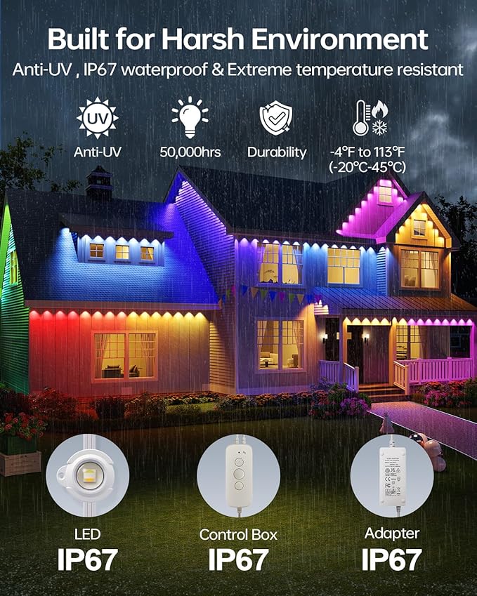 ASAHOM AI Permanent Outdoor Lights S107B, 100FT with 72 RGBCW LED Lights, 30,000 Lighting Effect, Controller with Dual Output, Extend to 800FT, Cuttable for House Outdoor Decor Daily Lighting, White