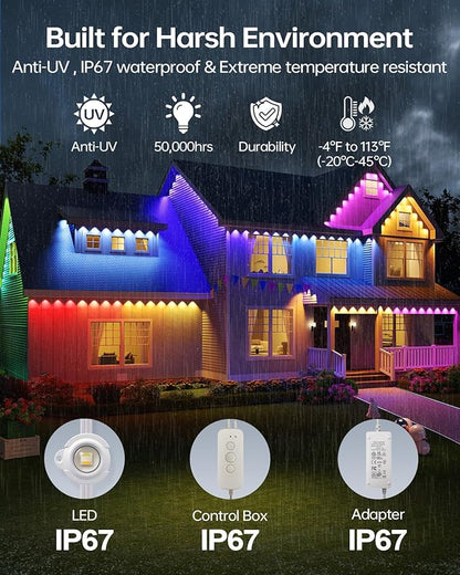 ASAHOM AI Permanent Outdoor Lights S107B, 100FT with 72 RGBCW LED Lights, 30,000 Lighting Effect, Controller with Dual Output, Extend to 800FT, Cuttable for House Outdoor Decor Daily Lighting, White