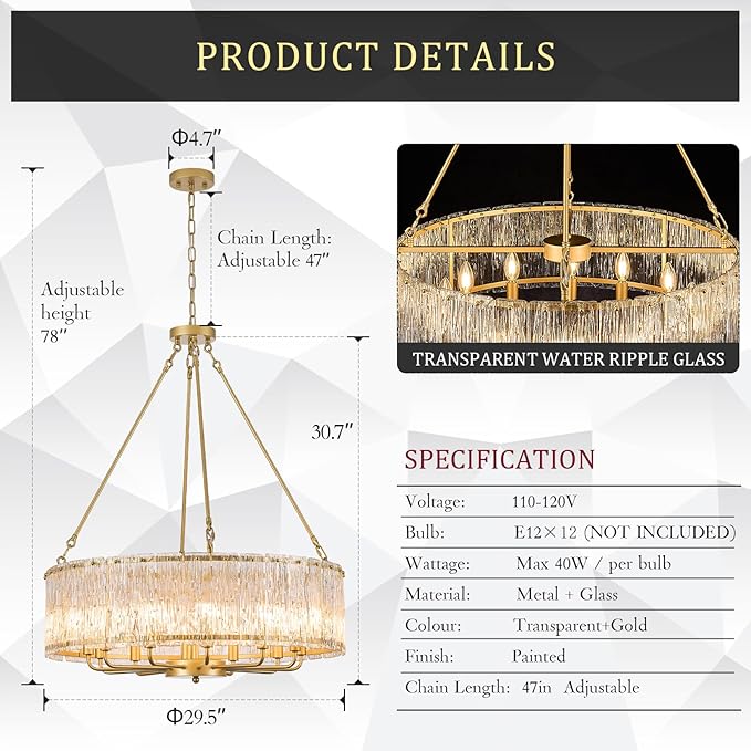 CATINER 30" Modern Gold Drum Chandelier Luxury Crystal Glass Chandeliers 12 Lights Ceiling Pendant Lighting Fixture for Living Room Dining Room Foyer Bedroom