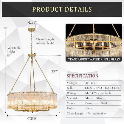 CATINER 30" Modern Gold Drum Chandelier Luxury Crystal Glass Chandeliers 12 Lights Ceiling Pendant Lighting Fixture for Living Room Dining Room Foyer Bedroom