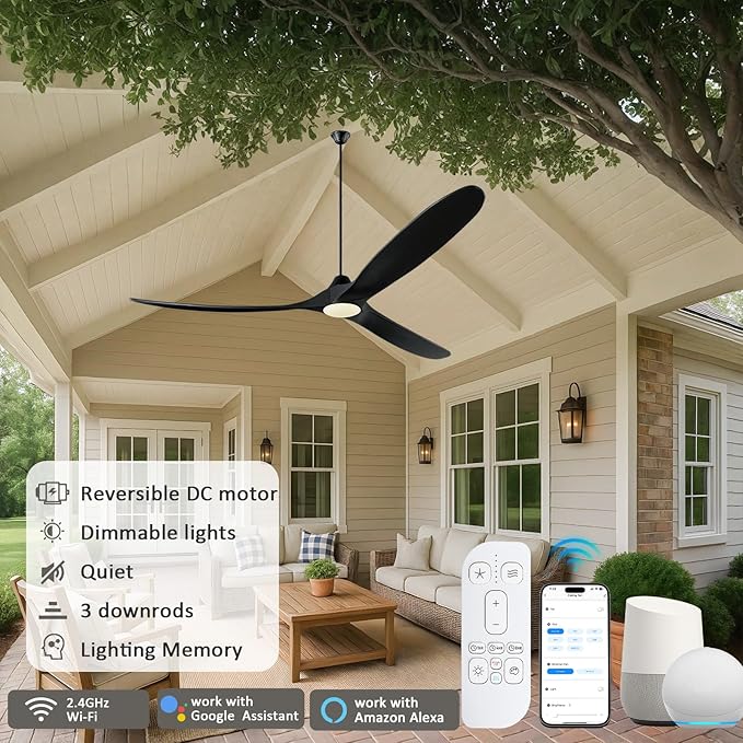 82 Inch Large Smart Ceiling Fans with Light, Black Wood Ceiling Fan with Remote/Alexa/App Control, 3 Propeller High CFM Modern DC Ceiling Fan for Living Room Outdoor Patio Commercial Shop