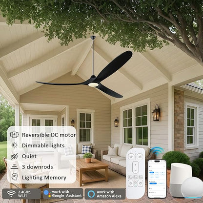 82 Inch Large Smart Ceiling Fans with Light, Black Wood Ceiling Fan with Remote/Alexa/App Control, 3 Propeller High CFM Modern DC Ceiling Fan for Living Room Outdoor Patio Commercial Shop