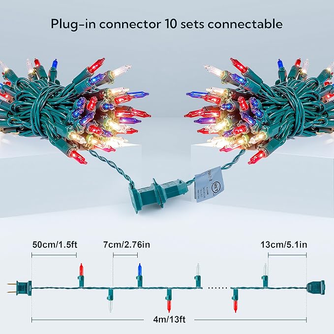 50 Count Red White and Blue Mini String Lights with Green Wire,Connectable 13ft 120V Waterproof 4th of July Patriotic Incandescent Lights, Independence Day Lights for Outdoor Indoor Decor