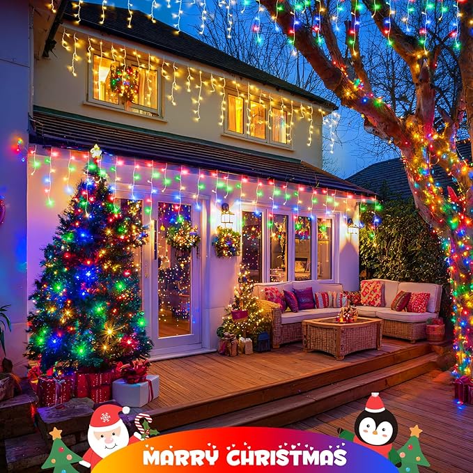 JMEXSUSS Color Changing Outdoor Waterproof Icicle Lights, 400 LED with Remote, Warm White to Multicolor for Christmas Eaves Party Decorations