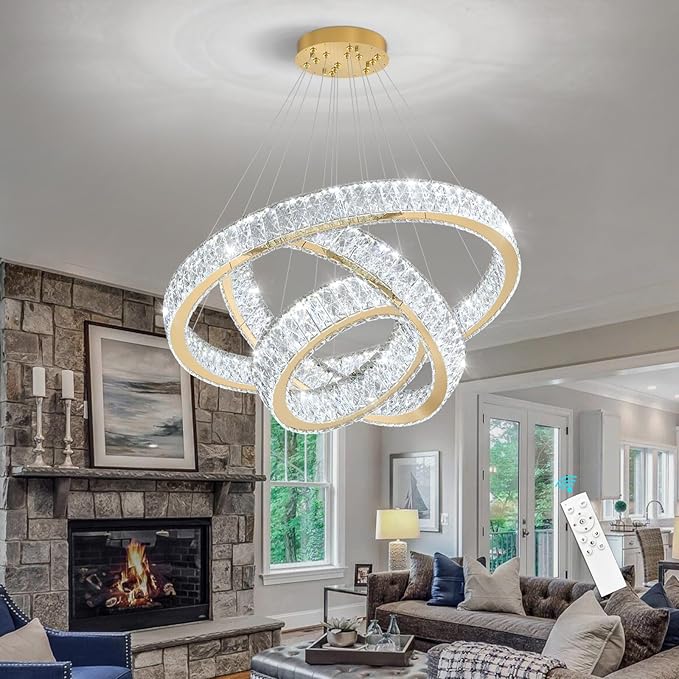 Modern Crystal Chandelier 55W Dimmable LED Chandeliers with Remote Luxury Height Adjustable Pendant Lighting for Living Room Dining Room Gold