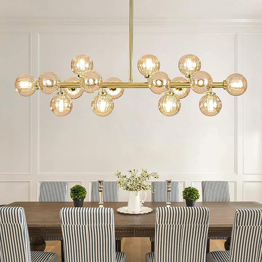 16-Light Globe Sputnik Chandelier, Linear Dining Room Light Fixture Over Table, Mid Century Modern Gold Chandeliers for Dining Living Room, Kitchen Island Lighting (Amber Bubble, 40 Inch)