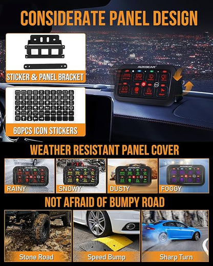 Auxbeam 8 Gang Switch Panel RA80 Toggle Momentary Pulsed RGB Dimmable Multifunction Switch Panel Easy Installation Marine Switch Pod IP65 Waterproof for Car Boat RV, 3 Years Warranty