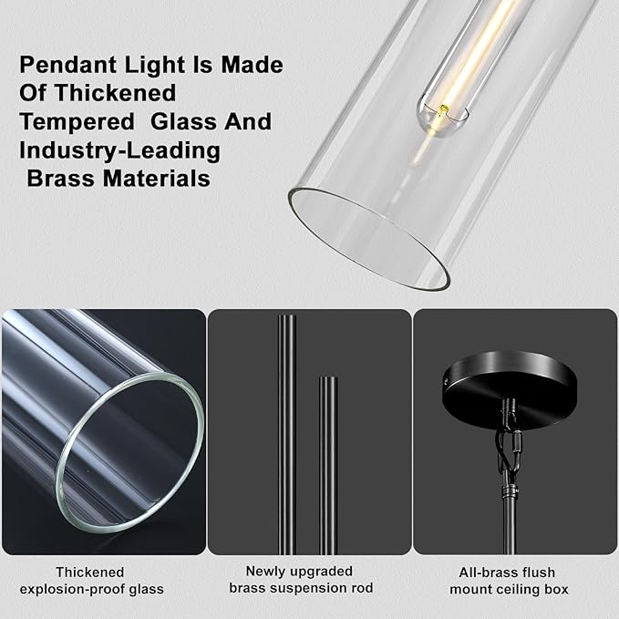21.6'' Black Pendant Lights Kitchen Island, Modern Large Kitchen Pendant Lighting Over Island,Long Glass Pendant Light Fixtures for Dinning Room Bedroom Bathroom