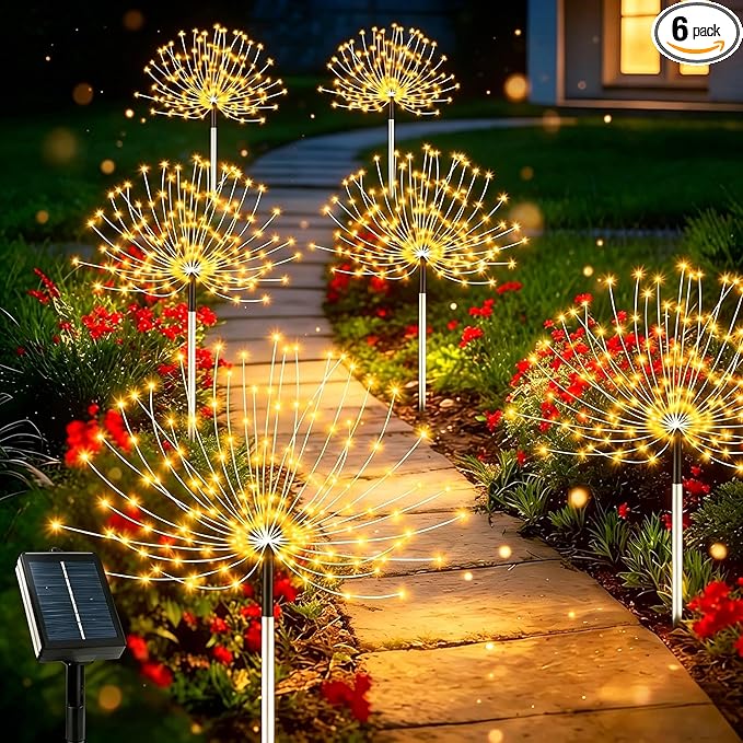 echosari Solar Garden Lights Outdoor, Total 6 Pack 720 LED Firework Lights with Auto On/Off 8 Modes IP65 Waterproof Landscape Light for Outdoor Yard Pathway Garden Decor (Warm White)
