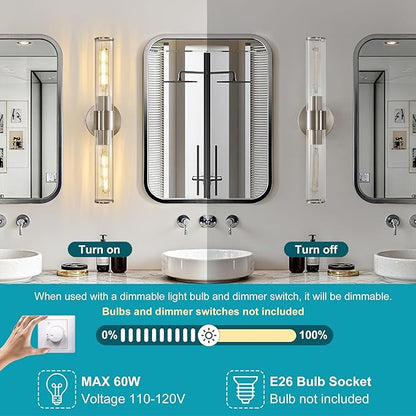 Bathroom Vanity Light Fixtures, Nickel Wall Sconces in Threaded Glass, Modern Wall Light for Bathroom Living Room Bedroom, Hallway