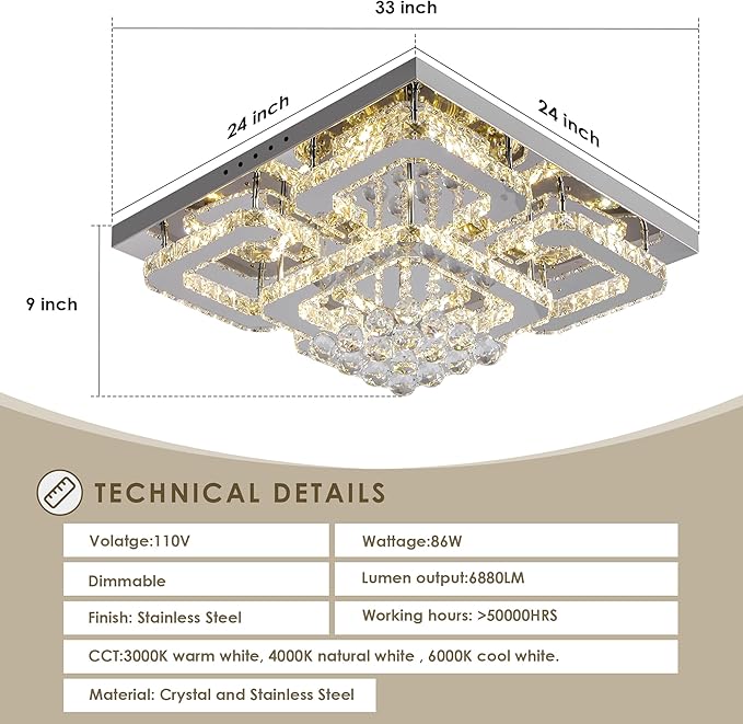 24 inch Flush Mount Chandelier Crystal Ceiling Light with Remote Control/APP,3CCT Dimmable&Brightness Adjustable, Modern Crystal Raindrop Silver Chandeliers for Bedroom Hallway Dinning Room LivingRoom