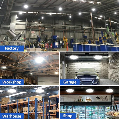 dephen 150W Plug in Ceiling Lights, 5000K LED Hanging Lamp, 16,500M High Bay with US Hook, AC120V Worklight for Garage Shop Basement Barn Warehouse, UL-Listed, 10 Pack