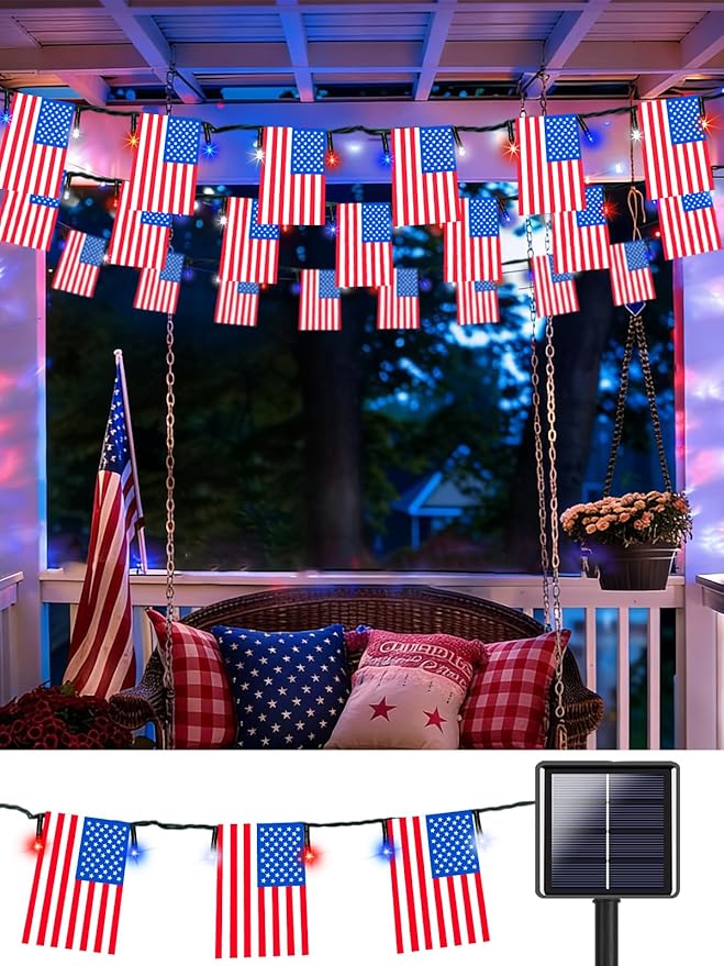 4th of July Decorations, Solar American Flag Lights Outdoor with 8 Modes, 18.8FT 25 USA Flags & 50 Red White and Blue LEDs Patriotic String Lights Waterproof for Independence Day 250th Anniversary
