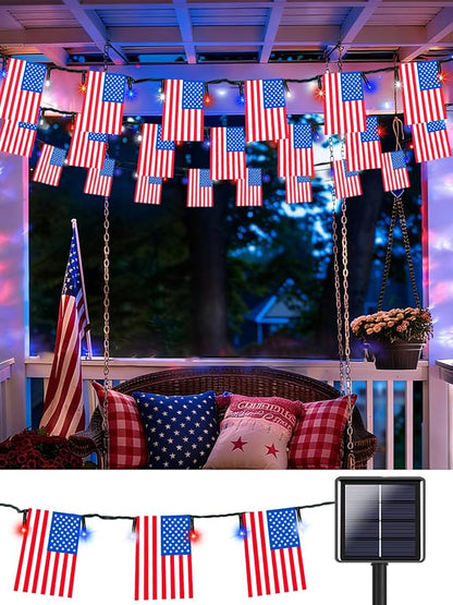 4th of July Decorations, Solar American Flag Lights Outdoor with 8 Modes, 18.8FT 25 USA Flags & 50 Red White and Blue LEDs Patriotic String Lights Waterproof for Independence Day 250th Anniversary