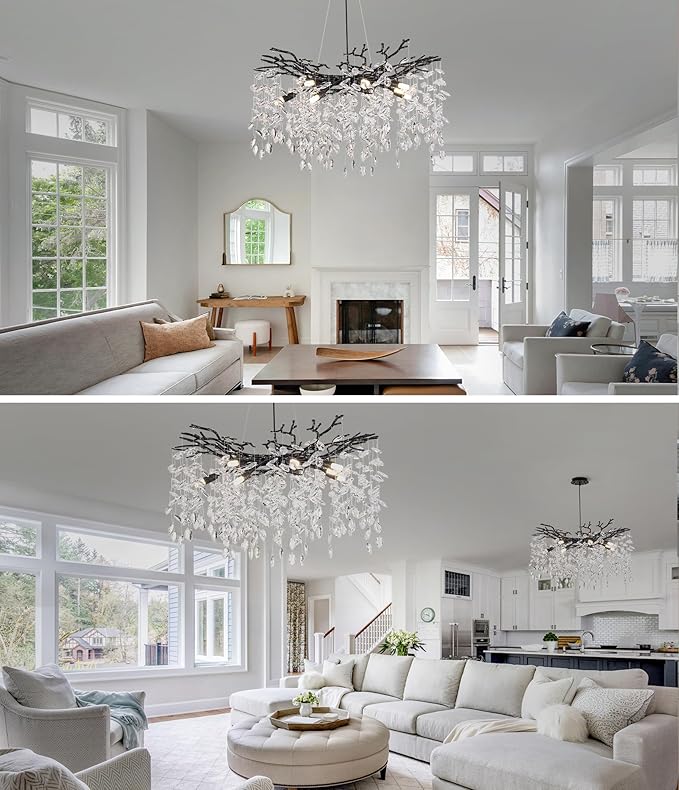 Crystal Tree Branches Chandeliers Luxury Round Hanging Pendant Light 10 Lights for Dining Room Bedroom Living Room Entryway 30.5" Black