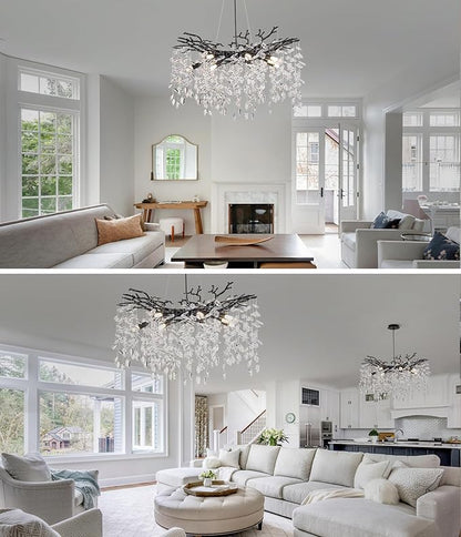 Crystal Tree Branches Chandeliers Luxury Round Hanging Pendant Light 10 Lights for Dining Room Bedroom Living Room Entryway 30.5" Black