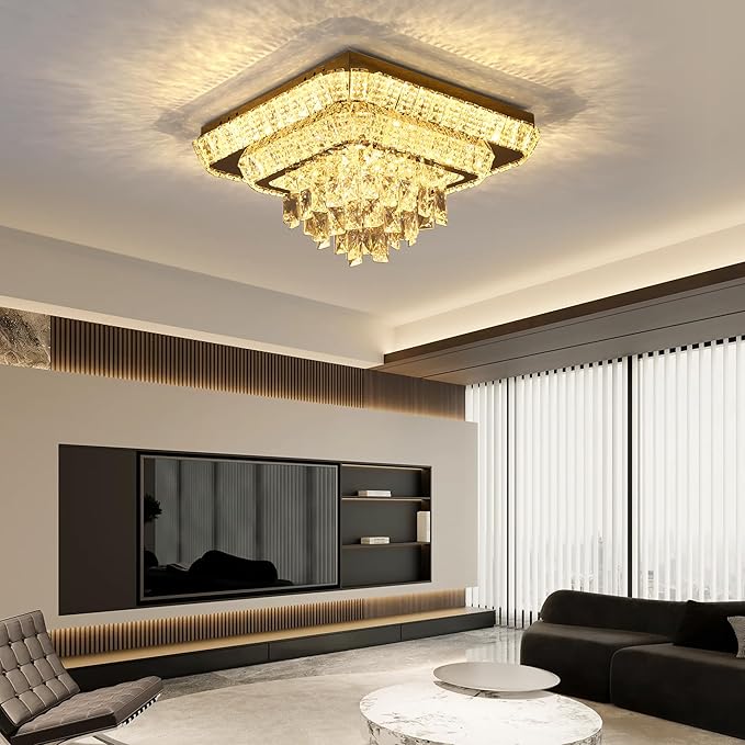 COCOSTAR Crystal Chandeliers, Modern Led Luxury Chandelier, 25" Suqare Flush Mount Chandelier Ceiling Light, Chandeliers for Dining Room, Living Room, Bedroom