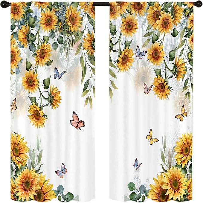 Yellow Sunflower Country Kitchen Curtain 27.5W X 39L Inch 2 Panel Rod Pocket Rustic Floral Flower Butterfly Farmhouse Over Sink Set Small Short Cafe Tier Window Drapes Bathroom Home Decor