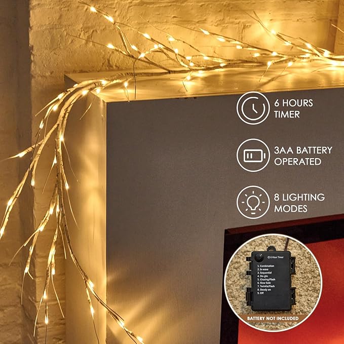 Bexdir Birch Vine with Lights with Timer 6ft 72LED, Artificial Tree for Walls Birch Twig for Room Decor Mantle Fireplace Holiday Christmas Decorations Birch Branches - Battery Operated