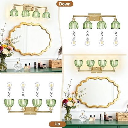 4 Light Vanity Lights for Bathroom, 27.2 in Brushed Brass Gold Bathroom Vanity Lights Over Mirror,Wall-Mounted Bath Room Lighting Fixtures with Green Tulip Glass Shade for Bedroom Living Room