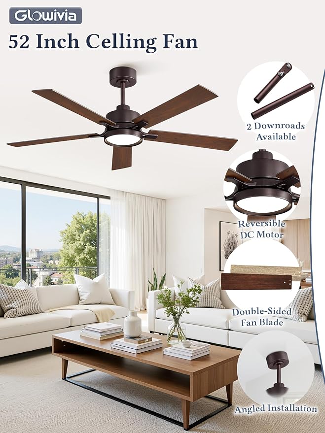 52 Inch Ceiling Fan with Lights and Remote, Smart APP Control, Dimmable with All-Setting Memory, Quiet DC Motor Reversible Blades, Damp Rated Modern Ceiling Fan for Bedroom Patio Living Room