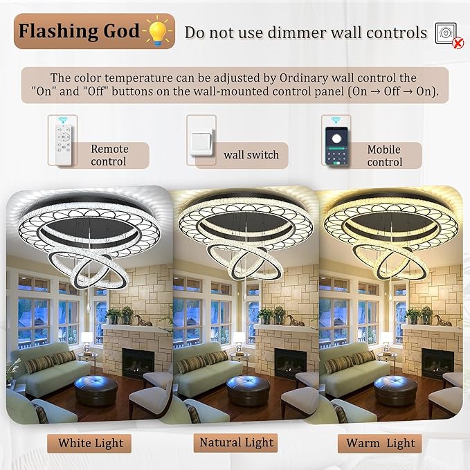 Flashing God Dia 32" Modern Crystal Chandelier Crystal Black Ceiling Light Fixtures LED Flush Mount Ceiling Light for Living Room Bedrooms Dining Room Dimmable 2700k 4500k 6000k